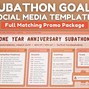 May include: A computer screen mockup with a grid background and a title that reads "One Year Anniversary Subathon". The screen is divided into four sections, each with a title and a list of items. The sections are titled "Subscriber Milestones", "Schedule", "Incentives", and "Timers".