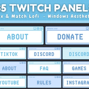May include: A set of 35 Twitch panels in a Windows 95 aesthetic. The panels are blue and white and feature text such as "About", "Donate", "TikTok", "Discord", "Games", "FAQ", "Rules", "Instagram", and "YouTube".