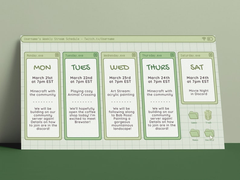Puede incluir: Un calendario digital verde y blanco con un horario semanal para un streamer de Twitch. El calendario muestra los d&iacute;as de la semana, de lunes a s&aacute;bado, con la fecha y la hora de cada transmisi&oacute;n. El streamer planea jugar a Minecraft, Animal Crossing, pintar y ver pel&iacute;culas con su comunidad.