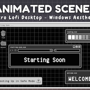 May include: A retro-style computer desktop screen with a black and white grid pattern. The screen displays a message that says "Starting Soon" and a progress bar that is almost full. The text "Booting Up in Safe Mode" is displayed at the bottom of the screen.