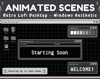 Animierte Twitch-Bildschirme - Dunkle Retro Lofi-Fensterästhetik - Start bald, Be Right Back, Stream-Ending-Szene - Schwarz & Weiß, Black Lofi