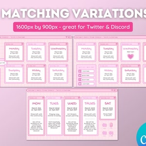 Puede incluir: Tres plantillas de agenda digital rosa y blanca para redes sociales. Cada plantilla presenta un horario semanal con los d&iacute;as de la semana, las fechas y las horas. Las plantillas est&aacute;n dise&ntilde;adas para su uso en Twitter y Discord.
