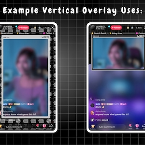May include: Two screenshots of a mobile phone app showing a live stream with a blurred image of a person in the center of the screen. The app has a black and white grid pattern border. The top of the screen shows the name of the streamer, the number of followers, and the number of likes. The bottom of the screen shows a chat window with comments and a button to add a comment.