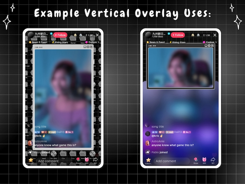 May include: Two screenshots of a mobile phone app showing a live stream with a blurred image of a person in the center of the screen. The app has a black and white grid pattern border. The top of the screen shows the name of the streamer, the number of followers, and the number of likes. The bottom of the screen shows a chat window with comments and a button to add a comment.