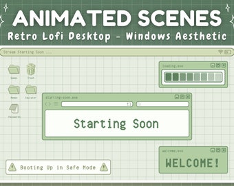 Animated Twitch Screens - Green Retro Lofi Windows Aesthetic - Starting Soon, Be Right Back, Stream Ending Scene  Kawaii Sage Green Lofi Y2K