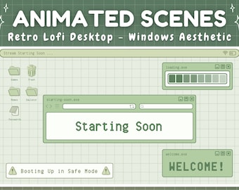 Pantallas animadas de Twitch - Estética de Windows Retro Lofi verde - A partir de pronto, vuelvo enseguida, escena final de la transmisión Kawaii Sage Green Lofi Y2K