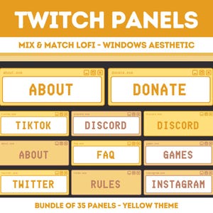 Peut inclure: Un ensemble de 35 panneaux Twitch jaunes avec une esthétique Windows. Les panneaux présentent divers libellés de texte, notamment "À propos", "Faire un don", "TikTok", "Discord", "FAQ", "Jeux", "Twitter", "Règles" et "Instagram".