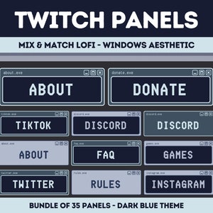 Könnte beinhalten: Ein Satz von 35 Twitch-Panels in einem dunkelblauen Thema mit Windows-Ästhetik. Die Panels zeigen verschiedene Social-Media-Symbole und Texte wie "Über", "Spenden", "TikTok", "Discord", "FAQ", "Spiele", "Twitter", "Regeln" und "Instagram".