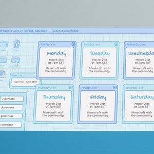 Op de afbeelding: Een blauwe en witte digitale kalender met een wekelijks streamschema voor een Twitch-kanaal. Het schema bevat de dagen van de week, data, tijden en een beschrijving van de stream. De tekst op de kalender zegt "Username's Weekly Stream Schedule - Twitch.tv/Username".