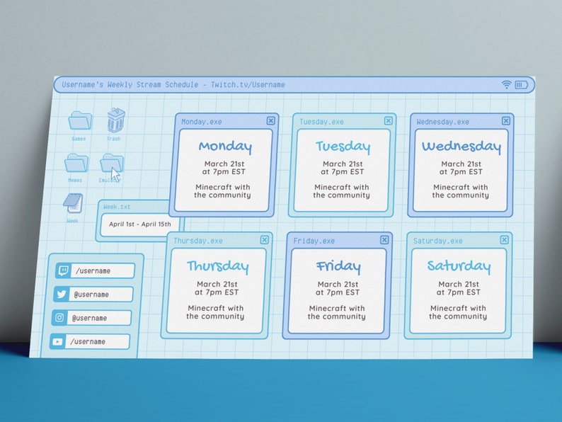 Op de afbeelding: Een blauwe en witte digitale kalender met een wekelijks streamschema voor een Twitch-kanaal. Het schema bevat de dagen van de week, data, tijden en een beschrijving van de stream. De tekst op de kalender zegt "Username's Weekly Stream Schedule - Twitch.tv/Username".