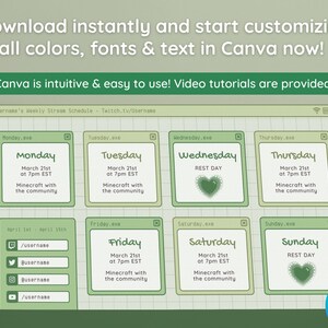 Puede incluir: Una plantilla de planificador digital verde y blanco con un horario de transmisi&oacute;n semanal para Twitch. La plantilla presenta una cuadr&iacute;cula con los d&iacute;as de la semana, incluidos lunes, martes, mi&eacute;rcoles, jueves, viernes, s&aacute;bado y domingo. Cada d&iacute;a tiene un cuadro con el nombre del d&iacute;a, una fecha y una descripci&oacute;n de la transmisi&oacute;n. La plantilla tambi&eacute;n incluye una secci&oacute;n para enlaces de redes sociales. El texto "Edit in Canva" est&aacute; en un c&iacute;rculo azul en la esquina inferior derecha de la imagen.