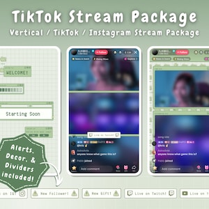 Pacote de sobreposição de fluxo TikTok - Verde Retro Lofi Kawaii Aesthetic - Sobreposição vertical animada Lofi Sage Green - Sobreposição ao vivo do TikTok