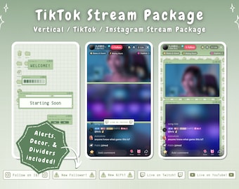 May include: A green and white digital illustration of a TikTok stream package with the text "TikTok Stream Package" and "Vertical / TikTok / Instagram Stream Package". The image shows a mock-up of a TikTok stream with a welcome message, a starting soon message, and a chat window with comments. The image also includes alerts, decor, and dividers.
