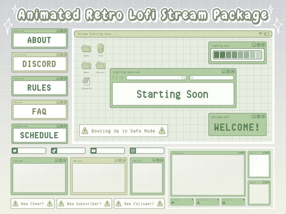 Twitch Overlay Stream Package - Green Retro Lofi Windows Aesthetic  - Animated Twitch Overlay Lofi Twitch Overlay Windows Alerts Sage Green
