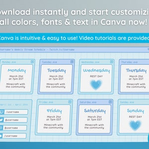 Op de afbeelding: Een blauwe en witte rastertemplate voor een wekelijks streamschema. De template bevat dagen van de week, data, tijden en een ruimte voor social media links. De tekst "Edit in Canva" staat in de rechterbenedenhoek.