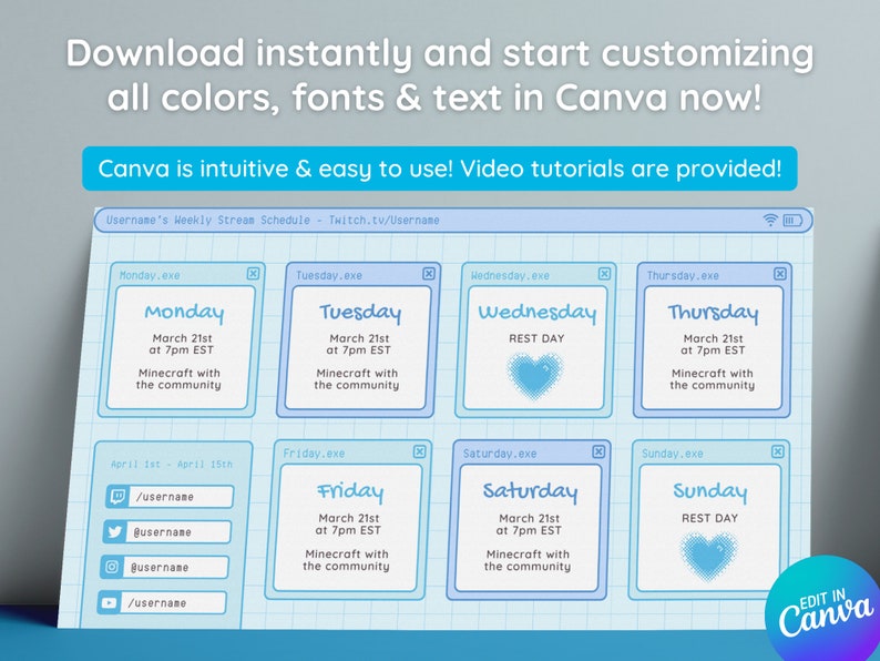 Op de afbeelding: Een blauwe en witte rastertemplate voor een wekelijks streamschema. De template bevat dagen van de week, data, tijden en een ruimte voor social media links. De tekst "Edit in Canva" staat in de rechterbenedenhoek.
