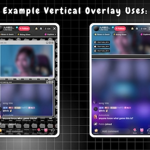 May include: Two screenshots of a mobile app with a vertical overlay. The app has a dark background with a light gray border. The overlay is a light gray box with rounded corners. The overlay contains text, icons, and a comment section. The text in the overlay includes the words "News & Event", "Rising Stars", "Explore", "song title", "@kris", "AstroAnie", "anyone know what game this is?", "Pablo joined", and "Add comment".