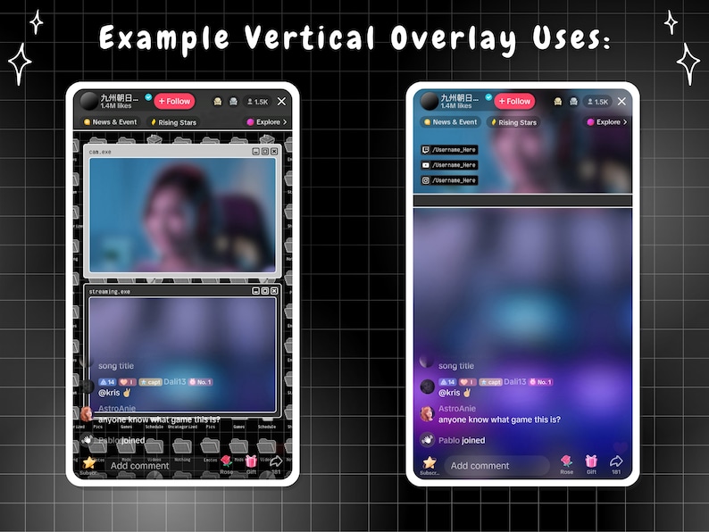May include: Two screenshots of a mobile app with a vertical overlay. The app has a dark background with a light gray border. The overlay is a light gray box with rounded corners. The overlay contains text, icons, and a comment section. The text in the overlay includes the words "News & Event", "Rising Stars", "Explore", "song title", "@kris", "AstroAnie", "anyone know what game this is?", "Pablo joined", and "Add comment".