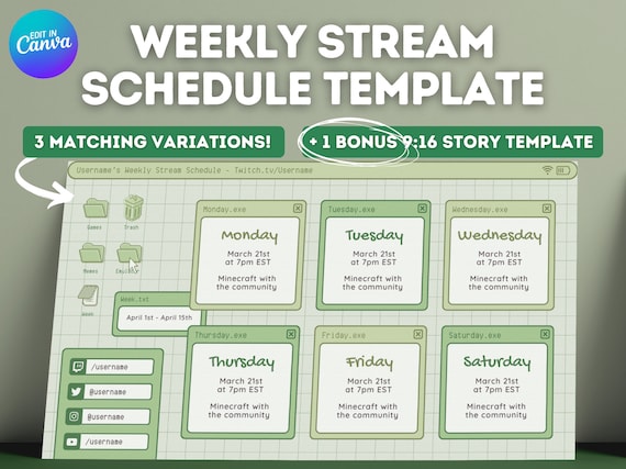 Green Retro Lofi Twitch YouTube Weekly Stream Schedule | Social Media | Editable Canva Template | Aesthetic Green, Kawaii, Cozy Lofi Windows
