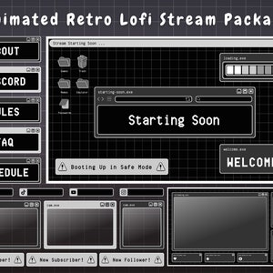 Pacote de transmissão de sobreposição do Twitch - Estética Lofi preta e branca escura retrô - Painéis de alertas do Windows de sobreposição do Twitch Lofi animado