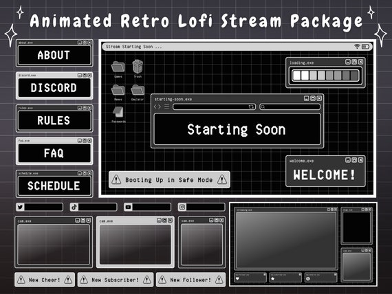 Twitch Overlay Stream Package - Dark Retro Lofi Black & White Aesthetic  - Animated Twitch Overlay Lofi Twitch Overlay Windows Alerts Panels