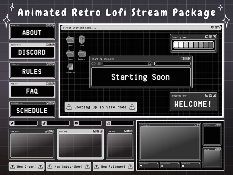 Twitch Overlay Stream Paket - Dark Retro Lofi Schwarz & Weiß Ästhetik - Animiertes Twitch Overlay Lofi Twitch Overlay für Windows-Warnungen Bild 1