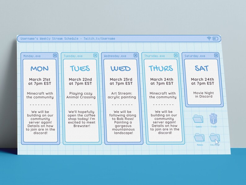 Op de afbeelding: Een wekelijks streamschema voor een Twitch-kanaal, met een blauw-wit kleurenschema. Het schema somt verschillende activiteiten op voor elke dag van de week, waaronder Minecraft, Animal Crossing, kunst streamen en film kijken. Het schema is opgemaakt om eruit te zien als een computervenster.