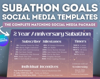 Könnte beinhalten: Eine lila und rosafarbene Grafik mit einem Sternenmuster. Oben steht der Text "2 Year Anniversary Subathon". Die Grafik listet Abonnenten-Meilensteine und Timer für ein Live-Stream-Event auf. Der Text "Celebrate with us! Wednesday March 26th at 7pm EST Twitch.tv/Username" befindet sich unten.