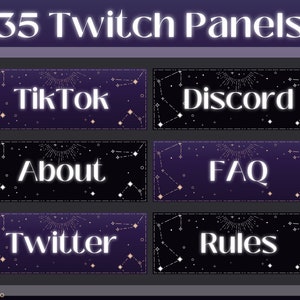 Dark Celestial Twitch Panels: Black Stars, Moon, Astrology (Editable Canva Template)
