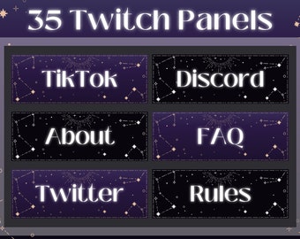 Könnte beinhalten: Ein digitales Grafikdesign mit 35 Twitch-Panels im Himmels-Thema. Jedes Panel hat einen dunkelvioletten Hintergrund mit weißen Sternbildern und goldenen Akzenten. Die Panels enthalten Text wie "TikTok", "Discord", "About", "FAQ", "Twitter" und "Rules".