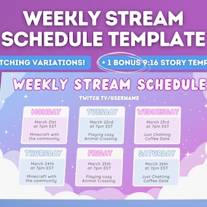 Starry Sky Twitch YouTube Weekly Stream Schedule | Social Media | Editable Canva Template | Clouds, Stars, Purple, Kawaii Cute, Aesthetic