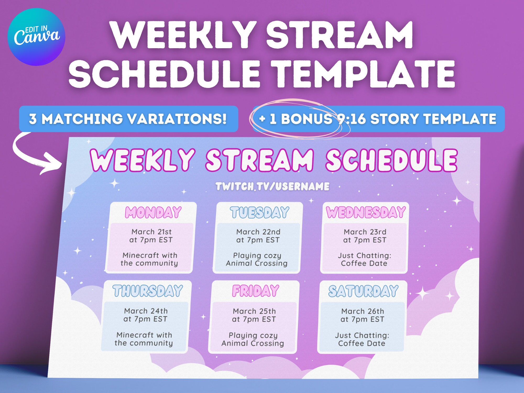 Starry Sky Twitch YouTube Weekly Stream Schedule | Social Media | Editable Canva Template | Clouds, Stars, Purple, Kawaii Cute, Aesthetic