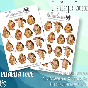 Pegatinas de conejito de dos hojas, tema de conejito de amor Pecan, pegatina decorativa para planificador, diario, BUJO, pegatina mate de corte de beso de diseño original