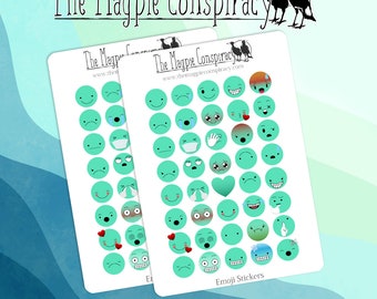 Two sheets Emoticons stickers, Teal Green emoji, decorative stickers for planner, journal, BUJO, original designs kiss cut matte sticker