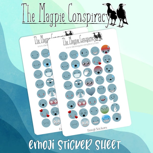 Two sheets Emoticons stickers, Teal emoji, decorative stickers for planner, journal, BUJO, original designs kiss cut matte sticker