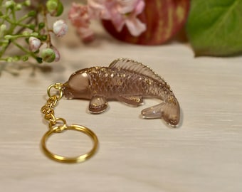 Coffee and gold Koi Fish Keyring, Resin koi fish charm with gold hardware great gift for fish lover