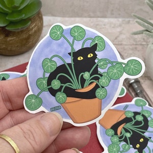 May include: A black cat is hiding in a pot of green leafy plants. The cat has yellow eyes and is sitting in the pot. The pot is brown and has a white rim. The background is a light blue circle with a white outline.