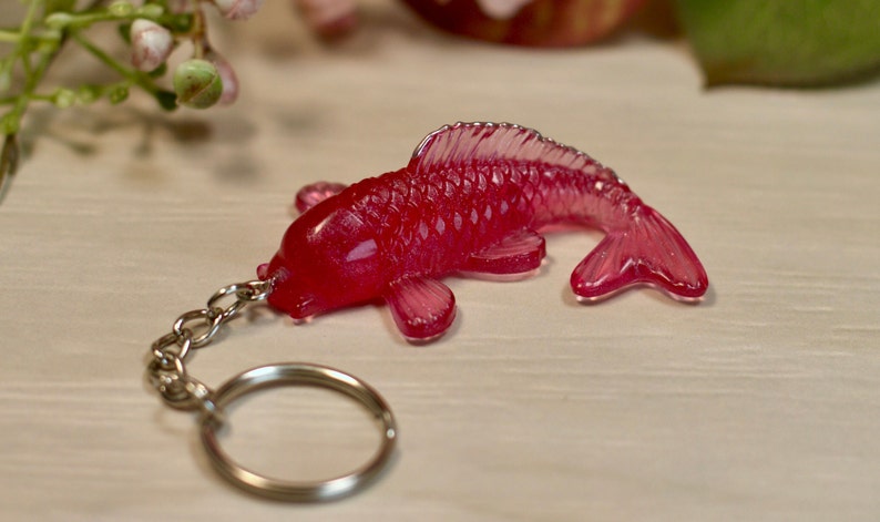 Ruby Red Koi Fish Keyring, Resin koi fish charm with silver hardware great gift for fish lover image 1