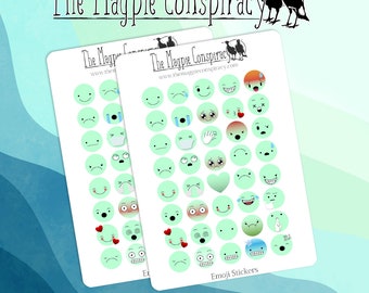 Two sheets Emoticons stickers, Mint emoji, decorative stickers for planner, journal, BUJO, original designs kiss cut matte sticker