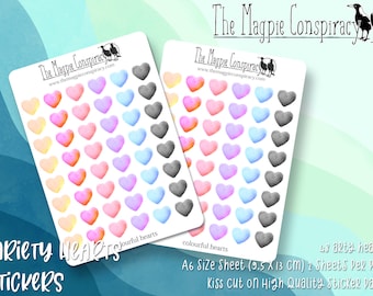 Two sheets hearts stickers, a variety of arty hearts, decorative stickers for planner, journal, BUJO, original design kiss cut matte sticker