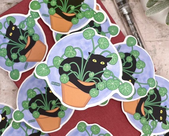 Potplant Kitty Sticker: Funny Black Cat, Waterproof Laminated Decal