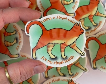 Funny Cat Exercise Sticker: Original Illustration, Laminated Decal