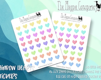 Two sheets hearts stickers, rainbow watercolor hearts, decorative sticker for planner, journal, BUJO, original design kiss cut matte sticker