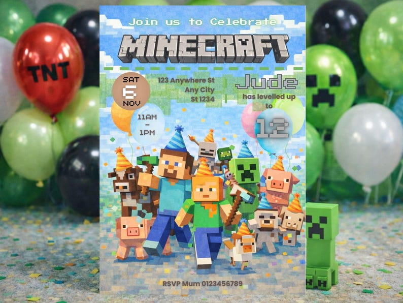 Pixel Block 12th Birthday Invitation Editable | Pixel Block Party ...