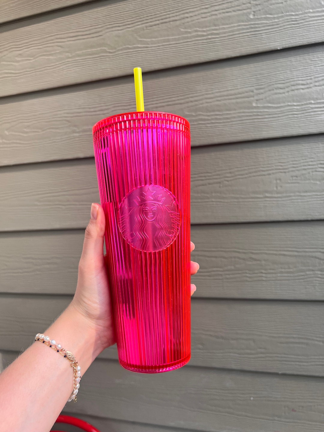 Starbucks Neon Hot Pink Tumbler Textured Travel Cup Green Straw Venti 24 Oz  New