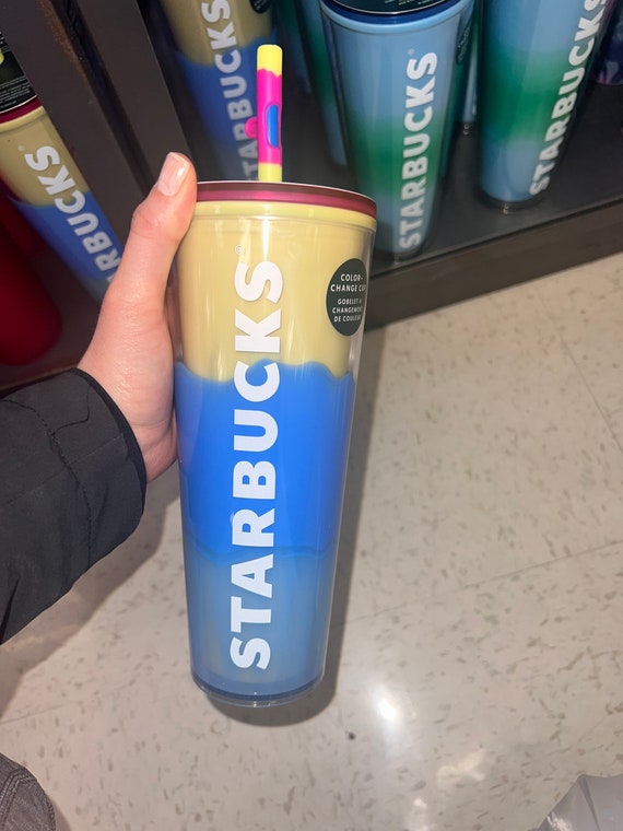 Starbucks 2023 Spring Straw Topper Blossom Color Changing Tumbler 24oz Cup,  Blue green