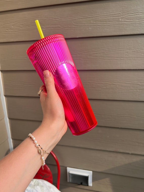 Starbucks Neon Hot Pink Tumbler Textured Travel Cup Green Straw