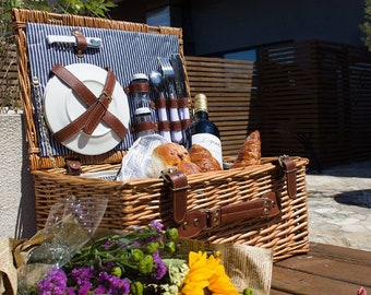 Handmade Wicker Picnic Basket Set for 2 Persons | Insulated Wine Cooler Bag | Waterproof Picnic Blanket | Best Gift for Mother's Day