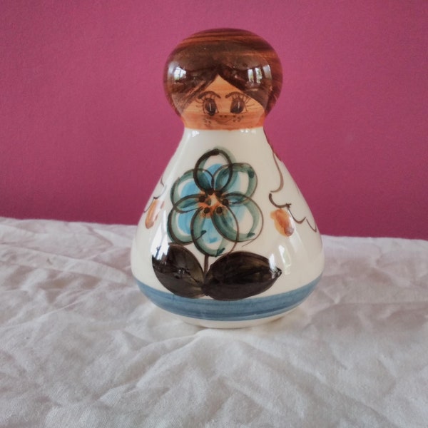 Collectible Vintage Jersey Pottery Co Ceramic Little Girl Angel Piggy Bank Coin Bank Folk Style Moneybox Hand painted 1960s