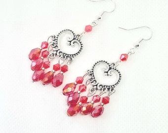 Chandelier earrings, red filigree dangle drop, gift for birthday, for her